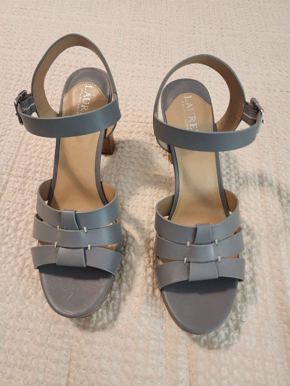 Lauren Ralph Lauren Gray Platform Strappy Block Heel Sandals NWOB 9.5Med Leather